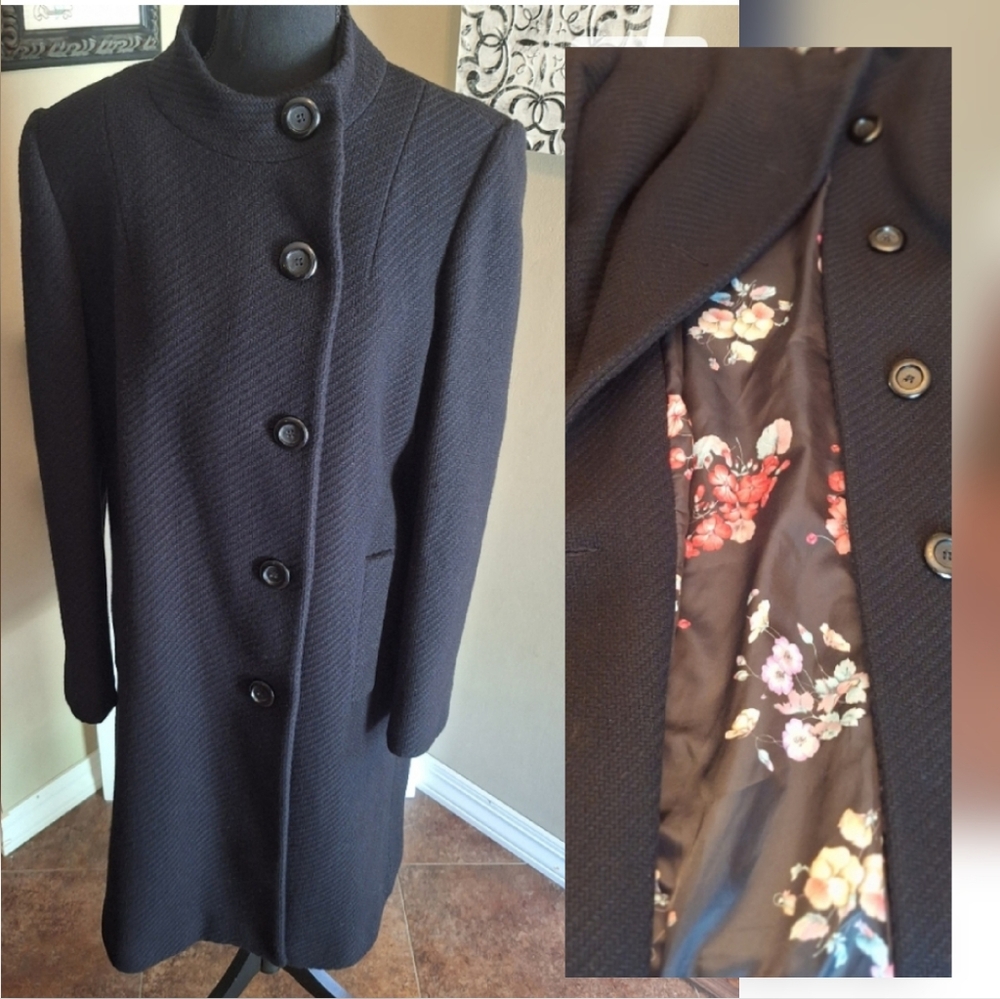 Talbots Petites Long Black Wool Coat with Floral Lining Sz 14